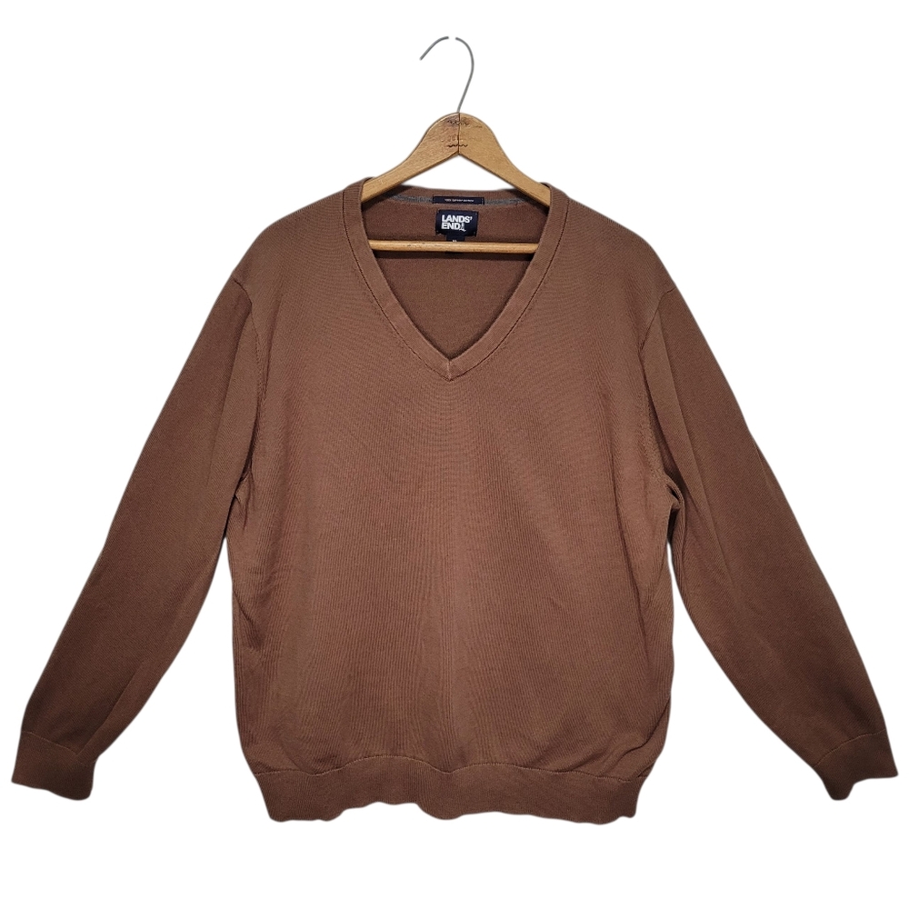 Lands End Men's 100% Supima Cotton V-neck Brown Sweater Size XL 46-48 Fisherman